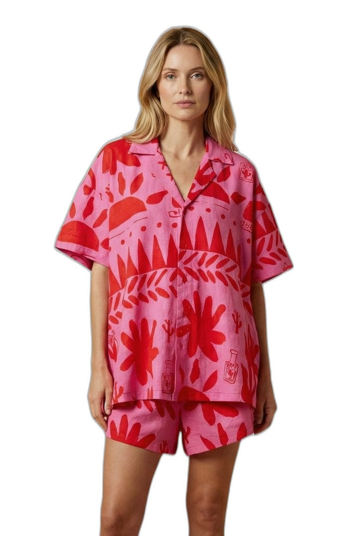 Stylish Abstract Two Piece Set for Women with Button Front Vacation Style