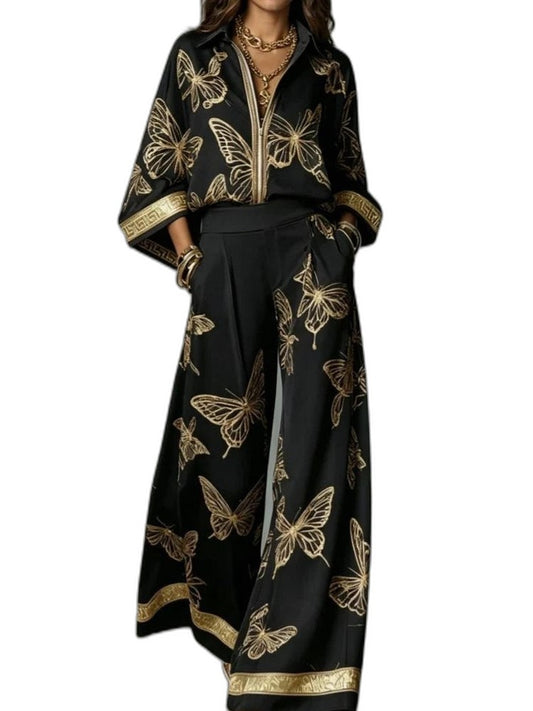 Stylish Abstract Two Piece Set for Women with Wide Leg Party Style