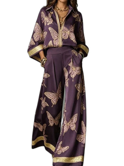 Stylish Abstract Two Piece Set for Women with Wide Leg Party Style