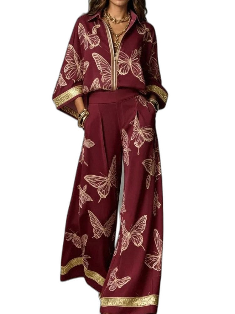 Stylish Abstract Two Piece Set for Women with Wide Leg Party Style