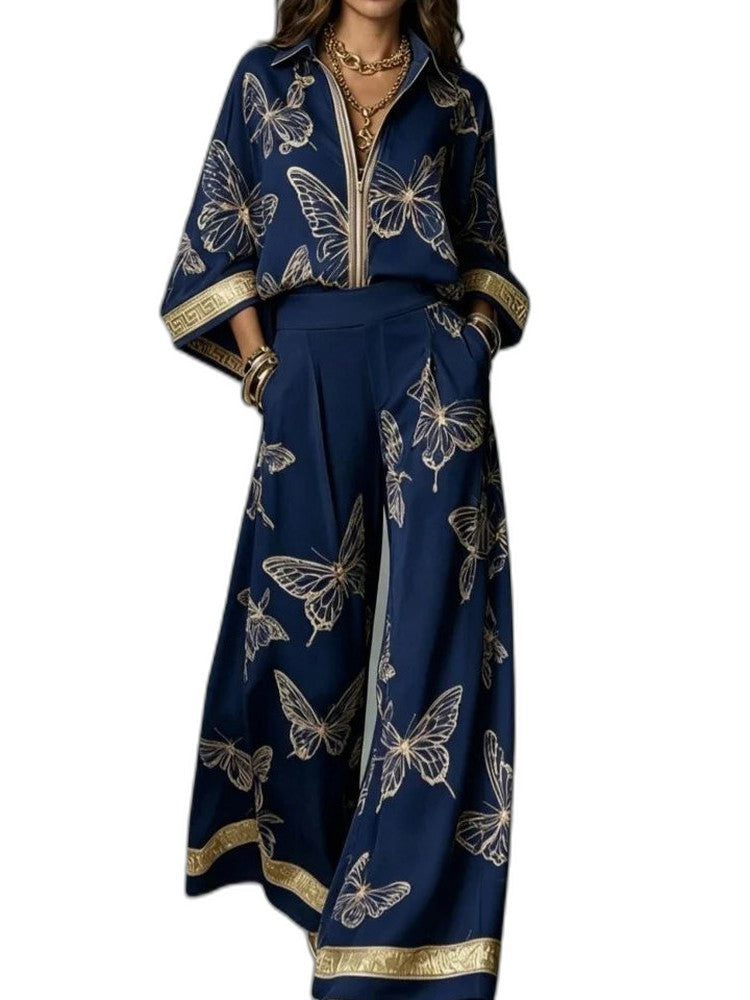 Stylish Abstract Two Piece Set for Women with Wide Leg Party Style