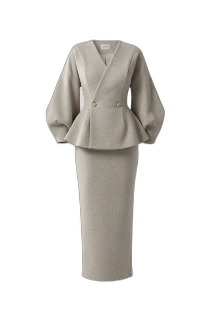 Stylish Beige Blouse for Women with V Neck Long Sleeve Belted Peplum Office Style