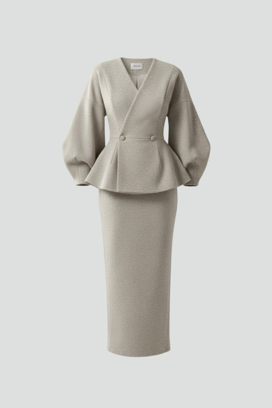 Stylish Beige Blouse for Women with V Neck Long Sleeve Belted Peplum Office Style