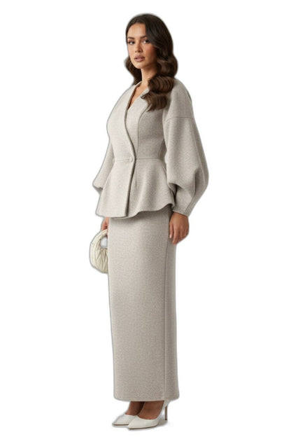 Stylish Beige Blouse for Women with V Neck Long Sleeve Belted Peplum Office Style