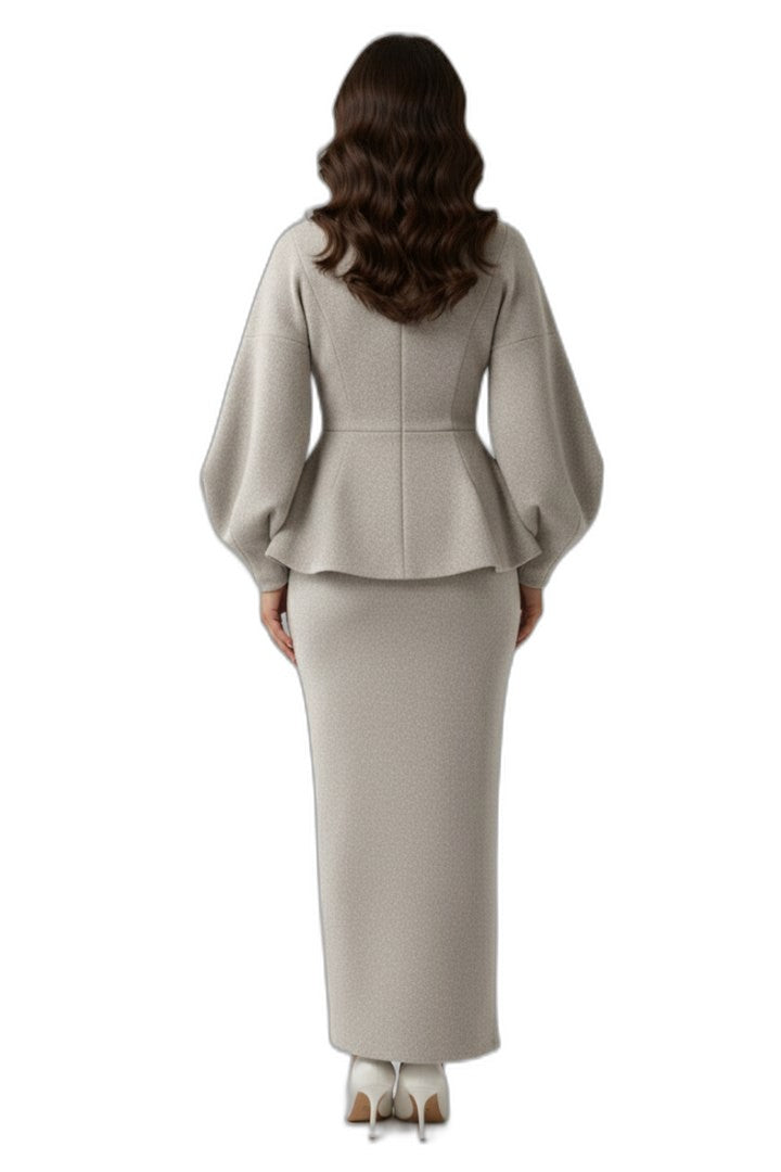 Stylish Beige Blouse for Women with V Neck Long Sleeve Belted Peplum Office Style