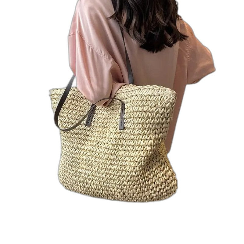 Stylish Beige Crochet Tote Bag for Women with Vacation Style