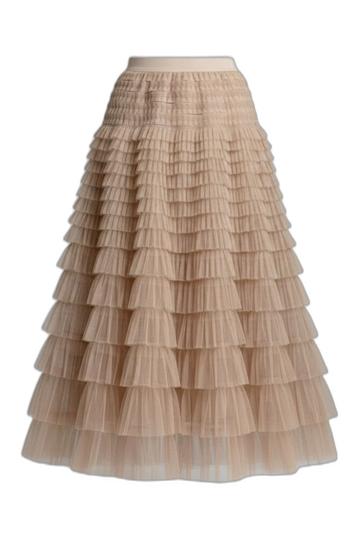 Stylish Beige Mesh Skirt for Women with Tiered Flowing Layered Party Style