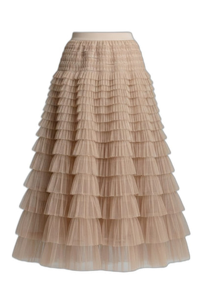 Stylish Beige Mesh Skirt for Women with Tiered Flowing Layered Party Style