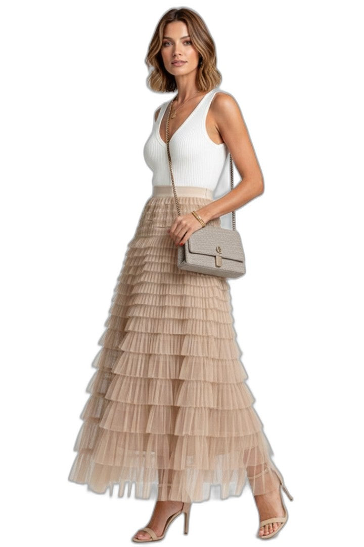 Stylish Beige Mesh Skirt for Women with Tiered Flowing Layered Party Style