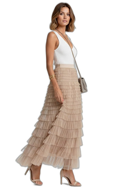 Stylish Beige Mesh Skirt for Women with Tiered Flowing Layered Party Style