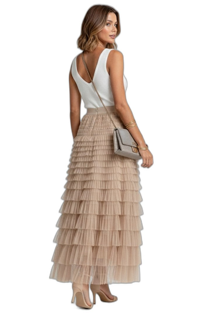 Stylish Beige Mesh Skirt for Women with Tiered Flowing Layered Party Style