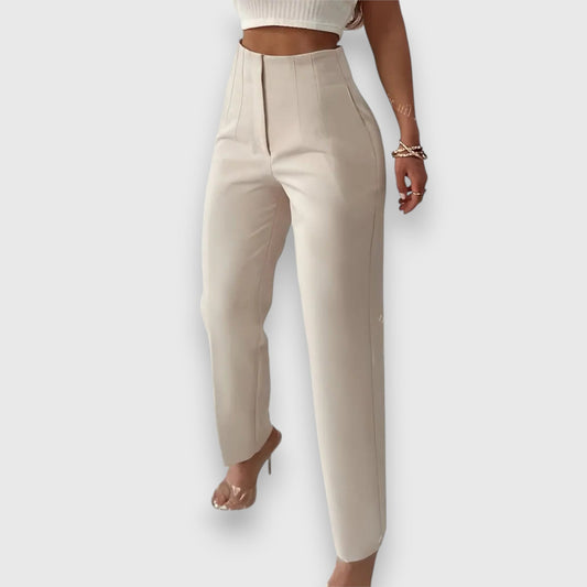 Stylish Beige Trousers for Women with High Waisted Cropped Straight Leg Office Style