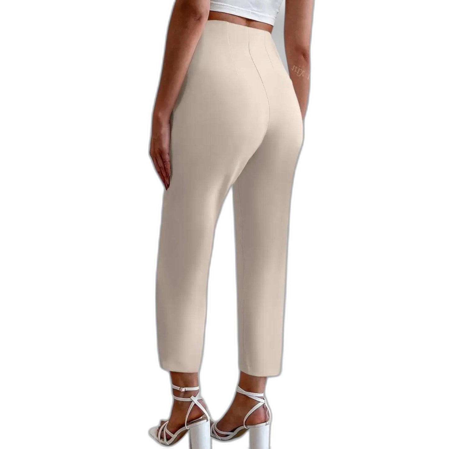 Stylish Beige Trousers for Women with High Waisted Cropped Straight Leg Office Style