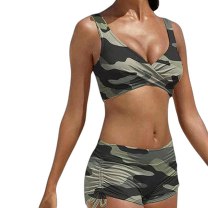Stylish Bikini for Women with V Neck Sleeveless Ruched Vacation Style