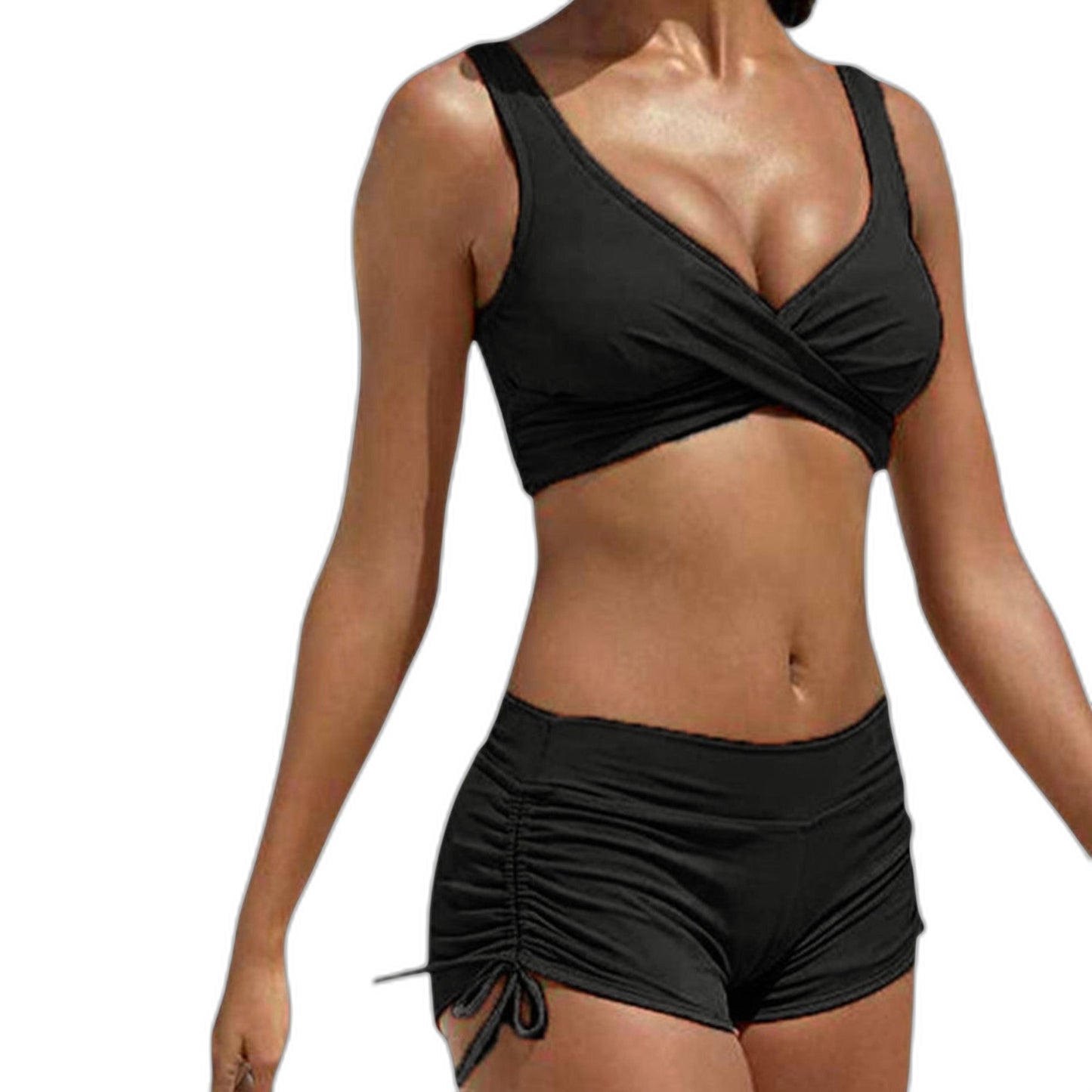 Stylish Bikini for Women with V Neck Sleeveless Ruched Vacation Style