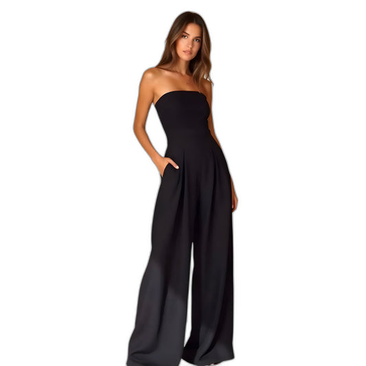 Stylish Black Jumpsuit for Women with Strapless Wide Leg Pockets Party Style