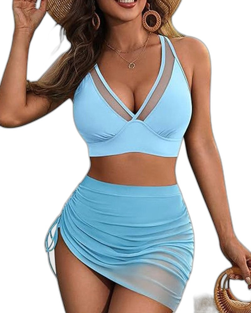 Stylish Black Mesh Bikini for Women with V Neck Sleeveless Ruched Vacation Style