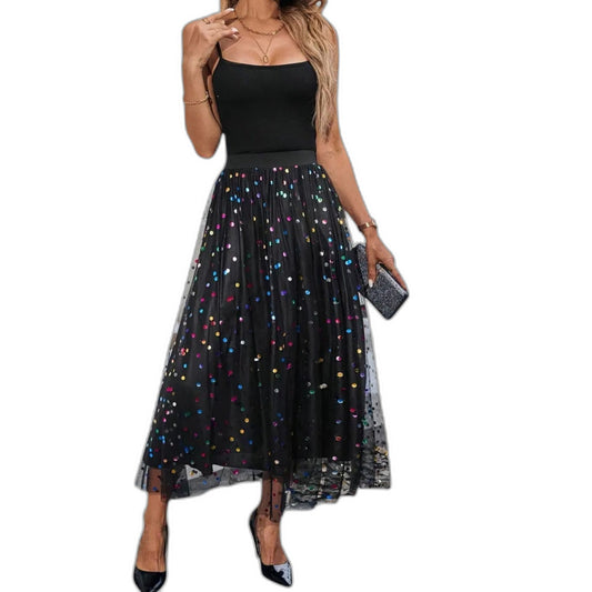 Stylish Black Mesh Midi Skirt for Women with Tiered Flowing Party Style