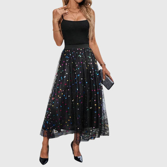 Stylish Black Mesh Midi Skirt for Women with Tiered Flowing Party Style