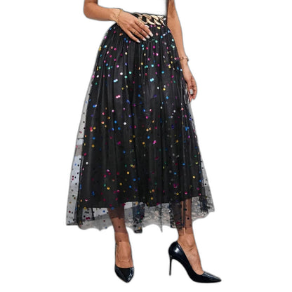 Stylish Black Mesh Midi Skirt for Women with Tiered Flowing Party Style