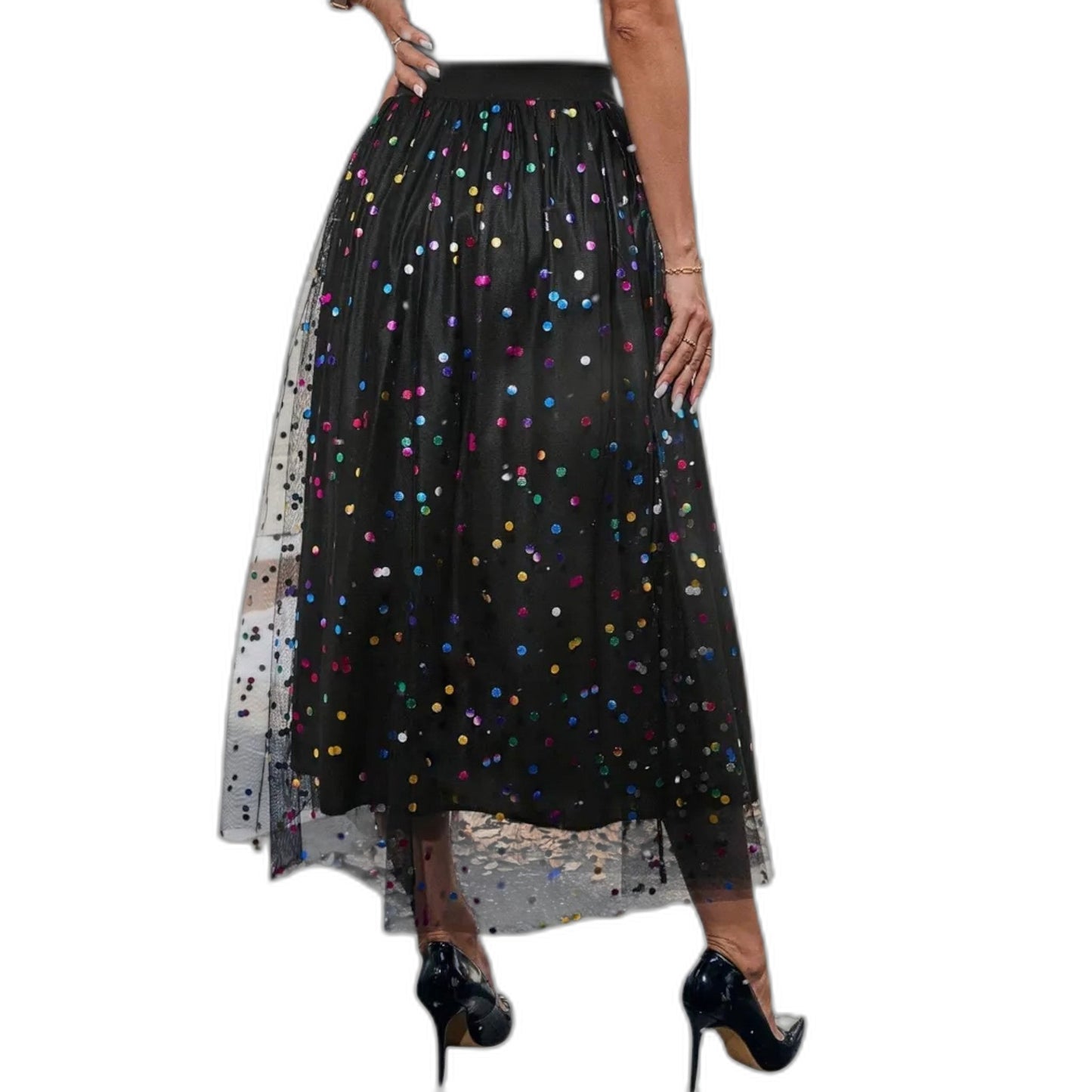 Stylish Black Mesh Midi Skirt for Women with Tiered Flowing Party Style