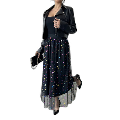 Stylish Black Mesh Midi Skirt for Women with Tiered Flowing Party Style