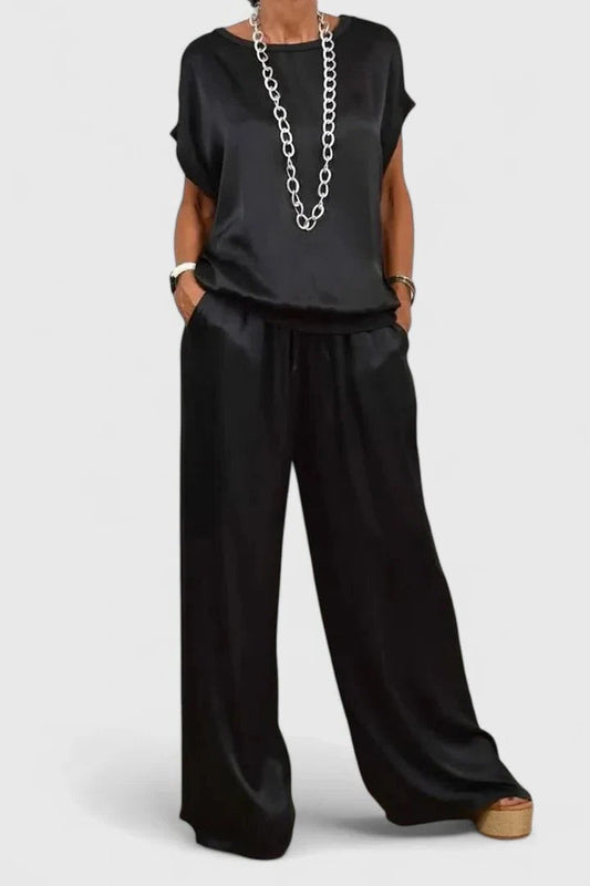 Stylish Black Satin Jumpsuit for Women with Crew Neck Short Sleeve Wide Leg Flowing Party Style