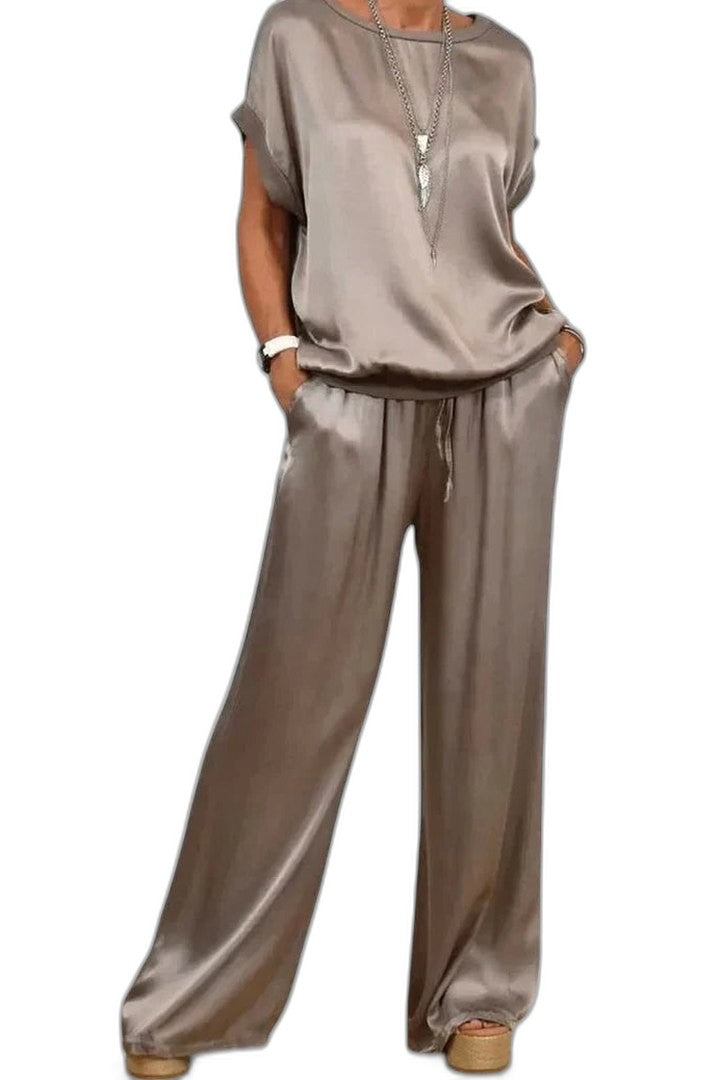 Stylish Black Satin Jumpsuit for Women with Crew Neck Short Sleeve Wide Leg Flowing Party Style