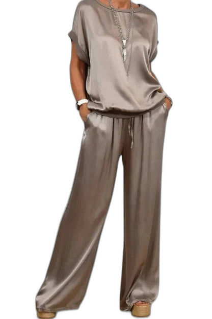 Stylish Black Satin Jumpsuit for Women with Crew Neck Short Sleeve Wide Leg Flowing Party Style