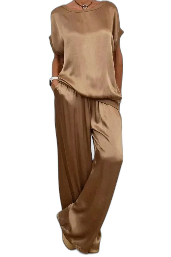 Stylish Black Satin Jumpsuit for Women with Crew Neck Short Sleeve Wide Leg Flowing Party Style