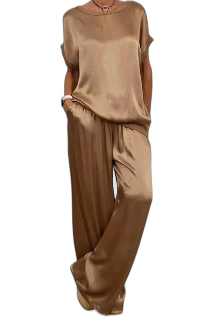 Stylish Black Satin Jumpsuit for Women with Crew Neck Short Sleeve Wide Leg Flowing Party Style