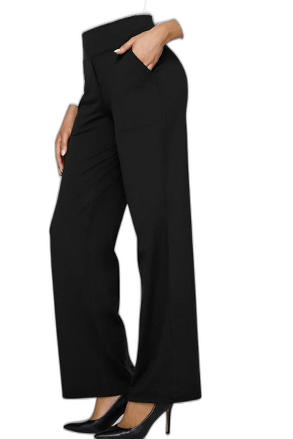 Stylish Black Wide Leg Pants for Women with High Waisted Pockets Office Style