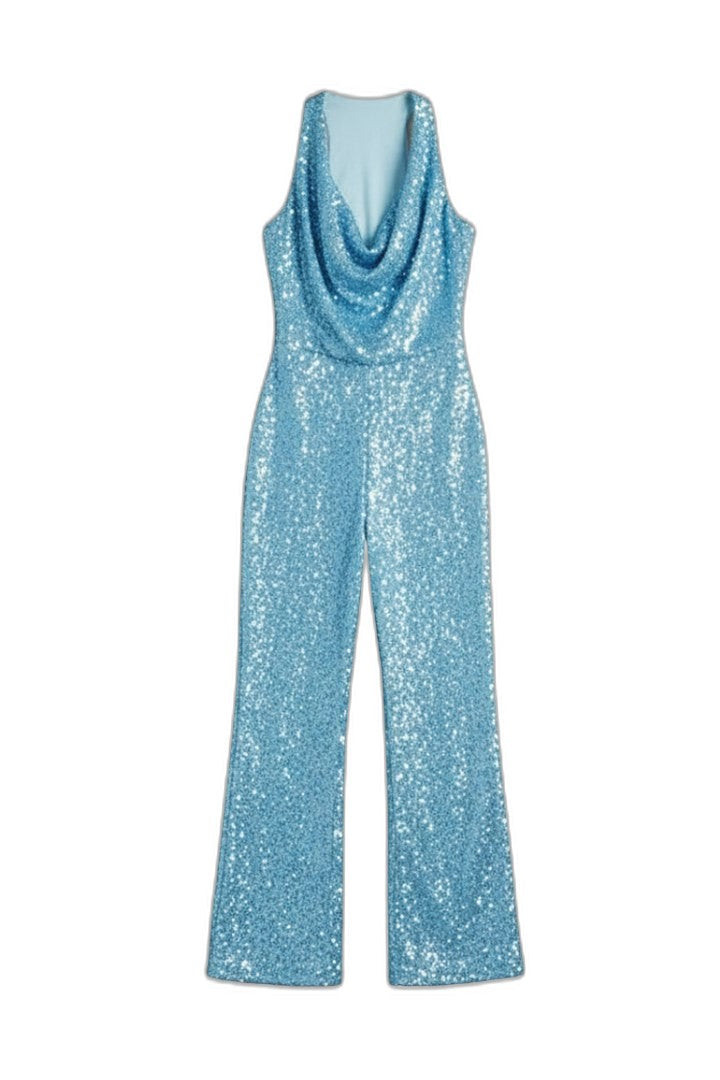 Stylish Blue Sequin Jumpsuit for Women with Halter Sleeveless Wide Leg Textured Party Style