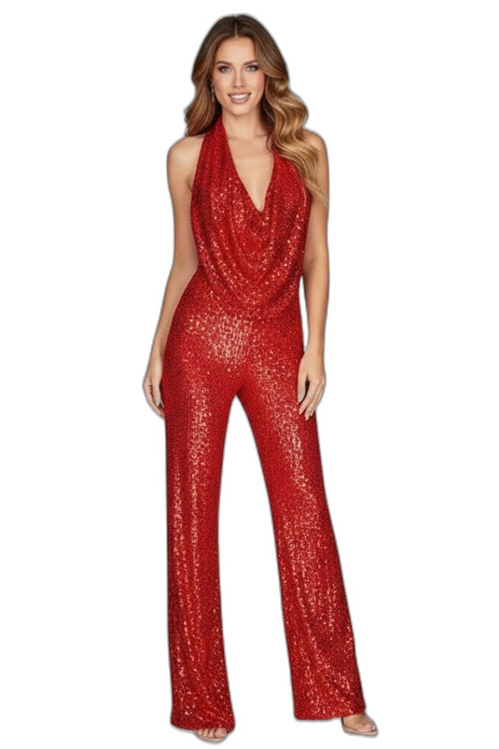 Stylish Blue Sequin Jumpsuit for Women with Halter Sleeveless Wide Leg Textured Party Style