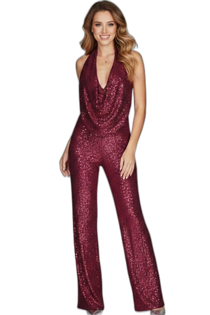 Stylish Blue Sequin Jumpsuit for Women with Halter Sleeveless Wide Leg Textured Party Style