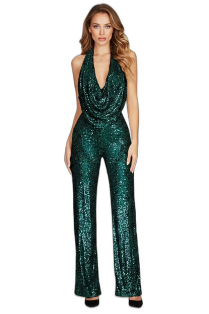 Stylish Blue Sequin Jumpsuit for Women with Halter Sleeveless Wide Leg Textured Party Style