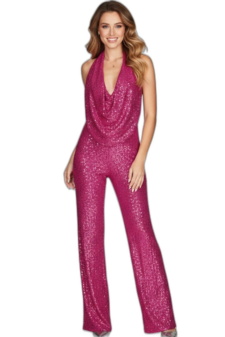 Stylish Blue Sequin Jumpsuit for Women with Halter Sleeveless Wide Leg Textured Party Style
