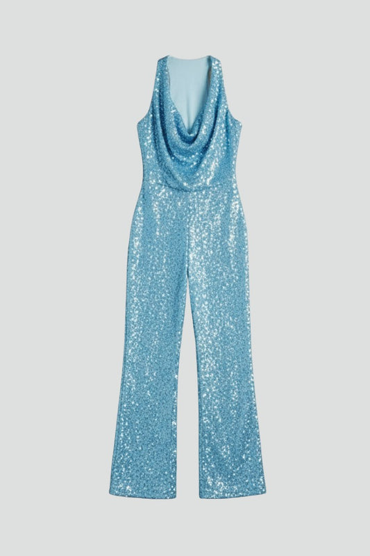 Stylish Blue Sequin Jumpsuit for Women with Halter Sleeveless Wide Leg Textured Party Style