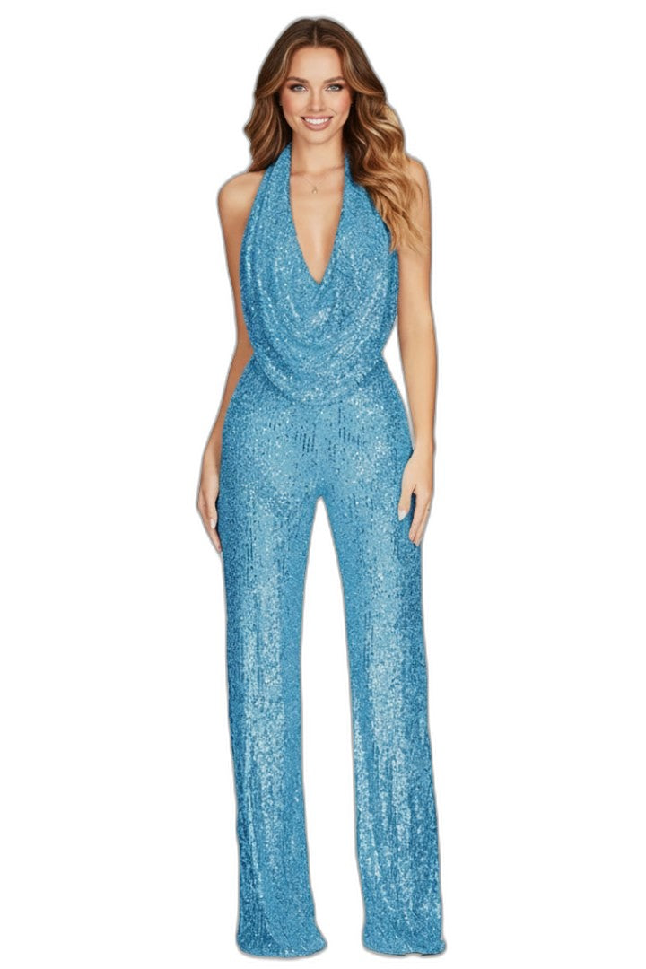 Stylish Blue Sequin Jumpsuit for Women with Halter Sleeveless Wide Leg Textured Party Style