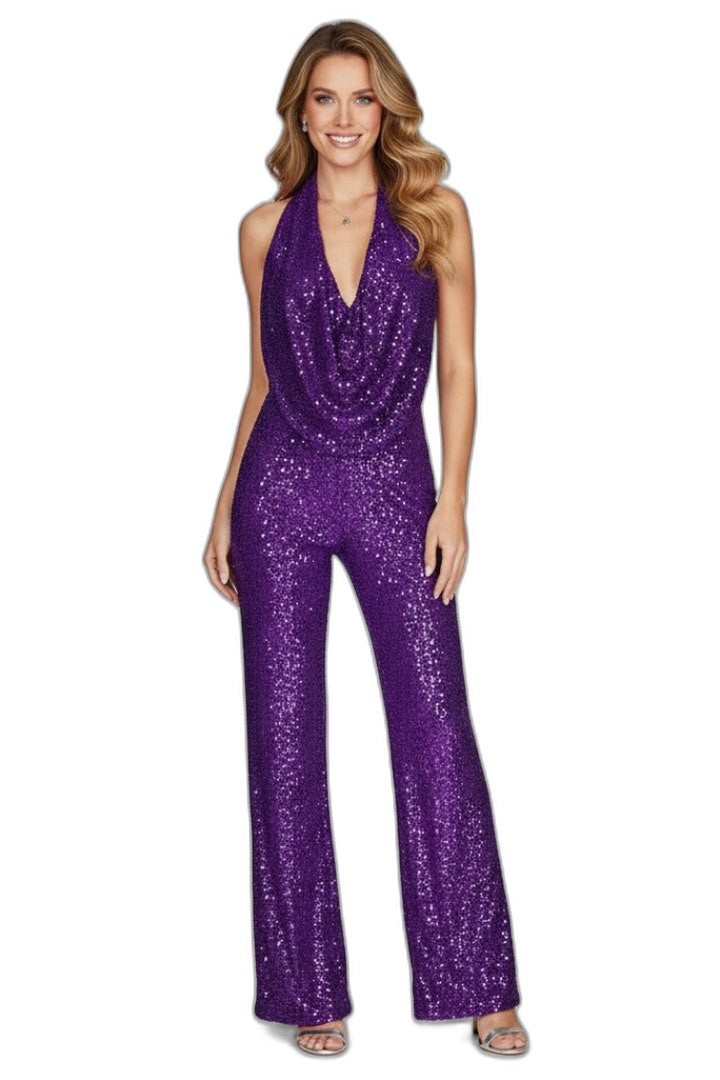Stylish Blue Sequin Jumpsuit for Women with Halter Sleeveless Wide Leg Textured Party Style