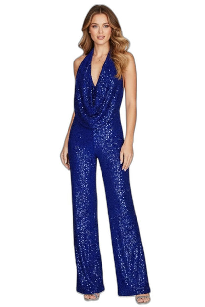Stylish Blue Sequin Jumpsuit for Women with Halter Sleeveless Wide Leg Textured Party Style