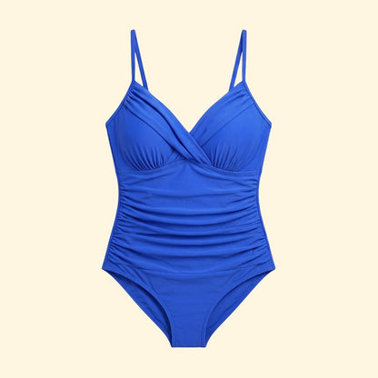Stylish Blue Swimsuit for Women with V Neck Spaghetti Strap Ruched Vacation Style