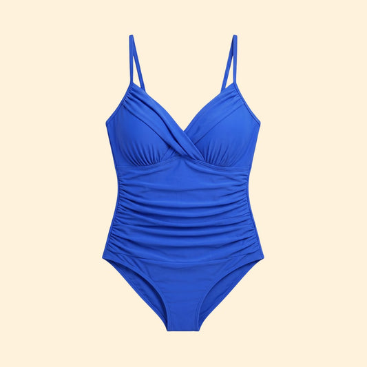 Stylish Blue Swimsuit for Women with V Neck Spaghetti Strap Ruched Vacation Style