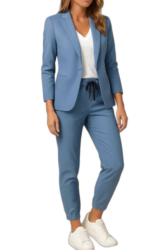 Stylish Blue Two Piece Set for Women with Button Front Office Style