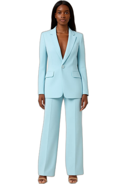 Stylish Blue Two Piece Set for Women with Button Front Wide Leg Pockets Office Style