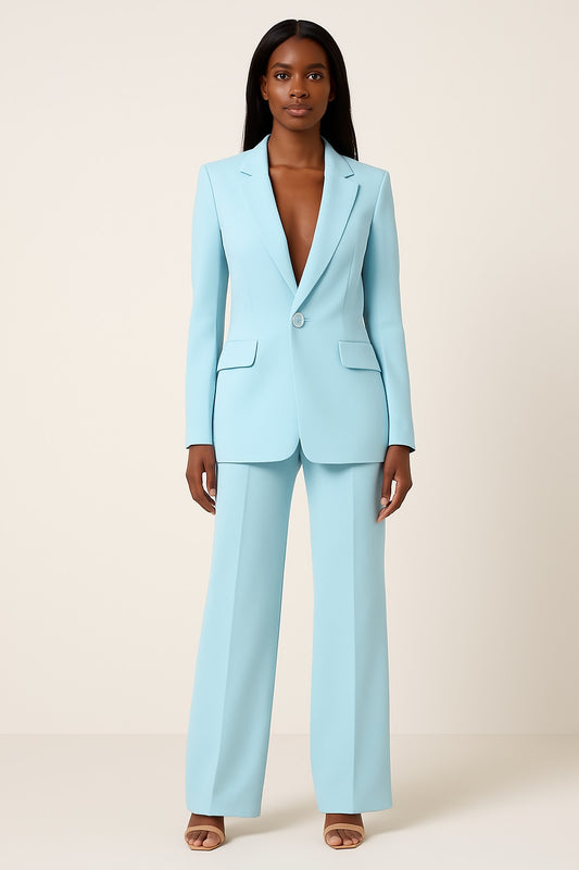Stylish Blue Two Piece Set for Women with Button Front Wide Leg Pockets Office Style