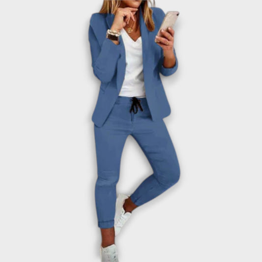 Stylish Blue Two Piece Set for Women with Collared Button Front Office Style