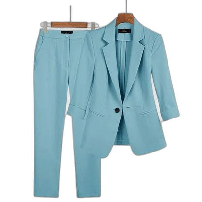 Stylish Blue Two Piece Set for Women with Long Sleeve Collared Button Front Office Style