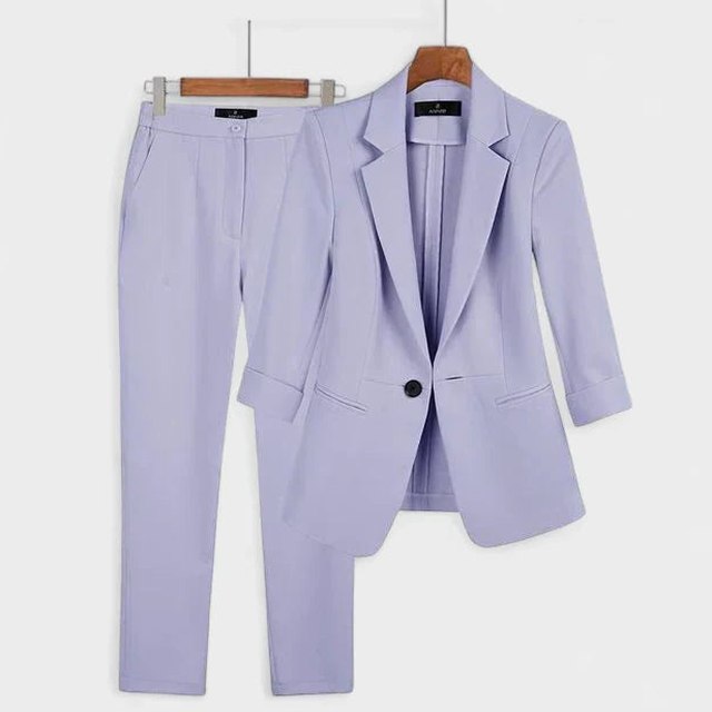 Stylish Blue Two Piece Set for Women with Long Sleeve Collared Button Front Office Style