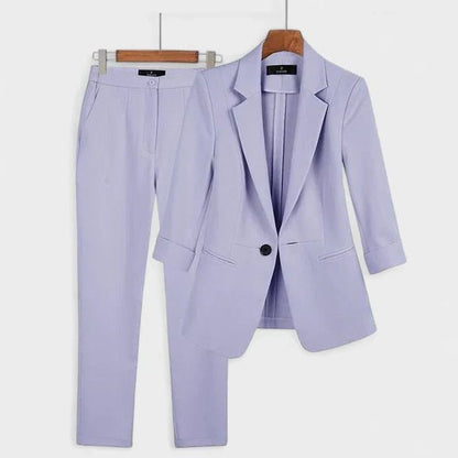 Stylish Blue Two Piece Set for Women with Long Sleeve Collared Button Front Office Style